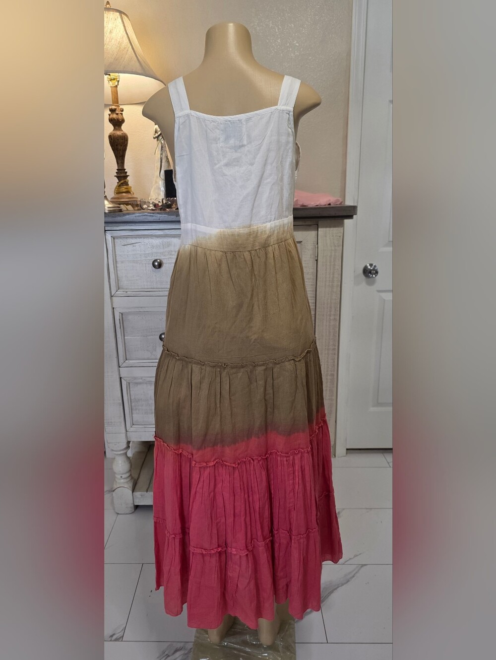 AREA Colorblock V-Neck Maxi Dress in White, Taupe & Coral - Picture 4 of 6